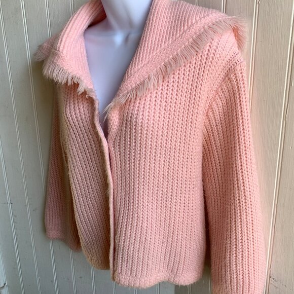 Vintage Pink Chunky Knit Ribbed Sailor Fringed Collar Cardigan Pearl Buttons - M - Picture 8 of 15